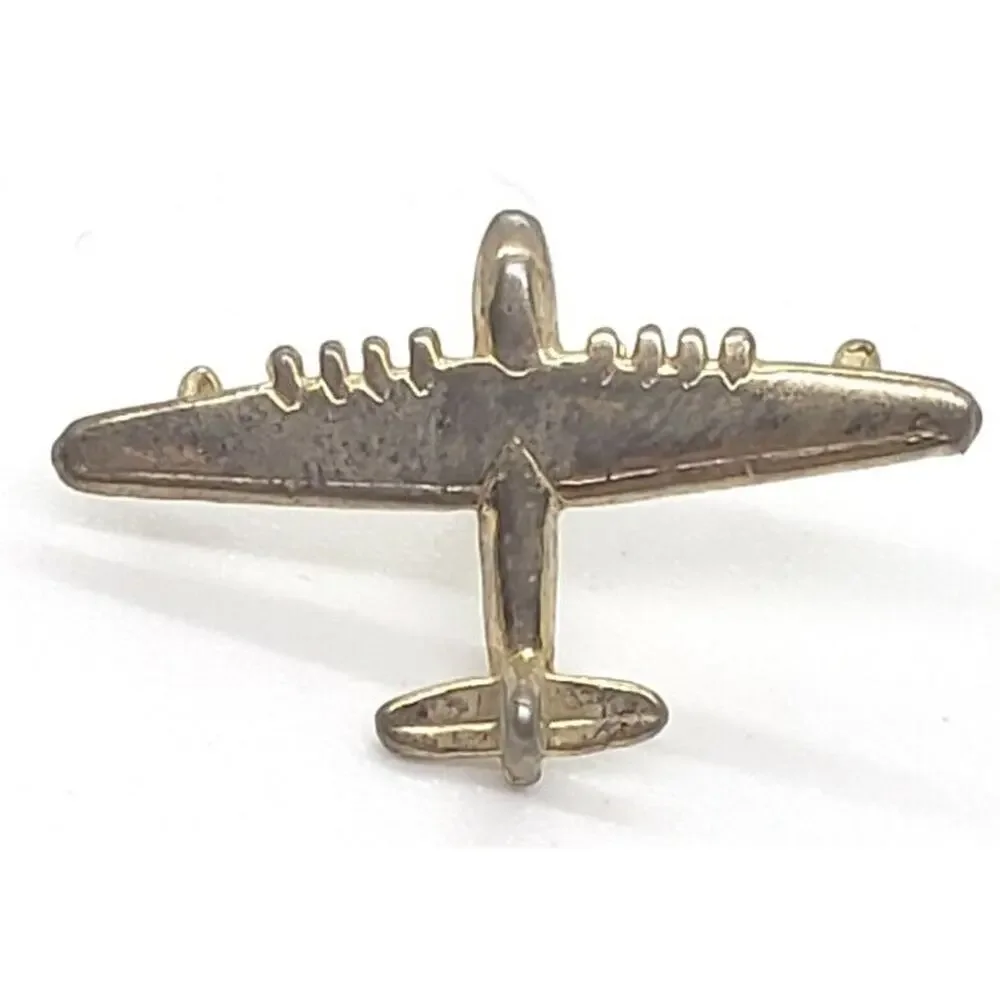 Vintage Jet Airplane Figural Yellow Gold Plated Tie Tac Lapel Scatter Pin Pilot